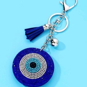 RHINESTONE EVIL EYE GRECIAN KEYRING KEYCHAIN WITH BLUE TASSEL KEYCHAIN